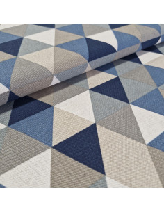 Tissu aspect lin - Triangles bleu gris