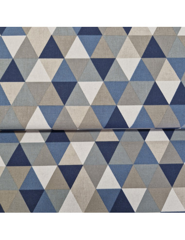 Tissu aspect lin - Triangles bleu gris