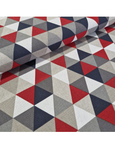Tissu aspect lin - Triangles rouge gris