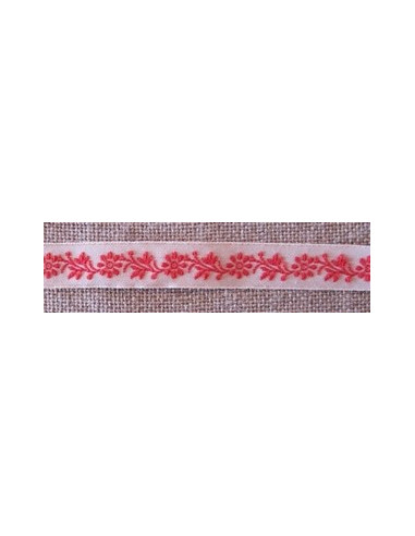Ruban frise fleurs rouge sur beige - 10 mm