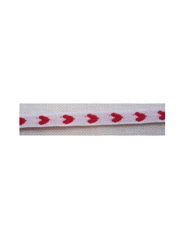 Galon ruban coton-polyester blanc à coeurs rouges, 8 mm