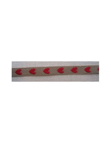 Galon ruban coton-polyester nature à coeurs rouges, 8 mm