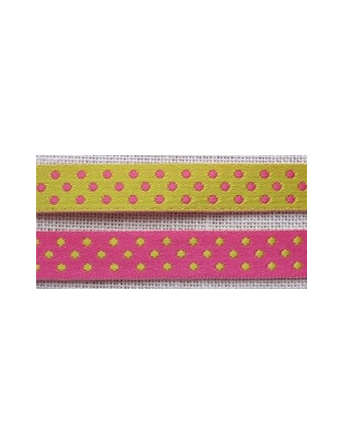 Ruban satin à pois double face - rose et jaune