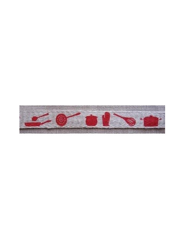 Galon en lin imprimé - Décor cuisine rouge - 18 mm