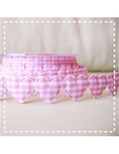 Ruban guirlande de coeurs vichy - rose clair - 15 mm